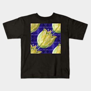 yellow tulip on purple with swirls and dots pattern Kids T-Shirt